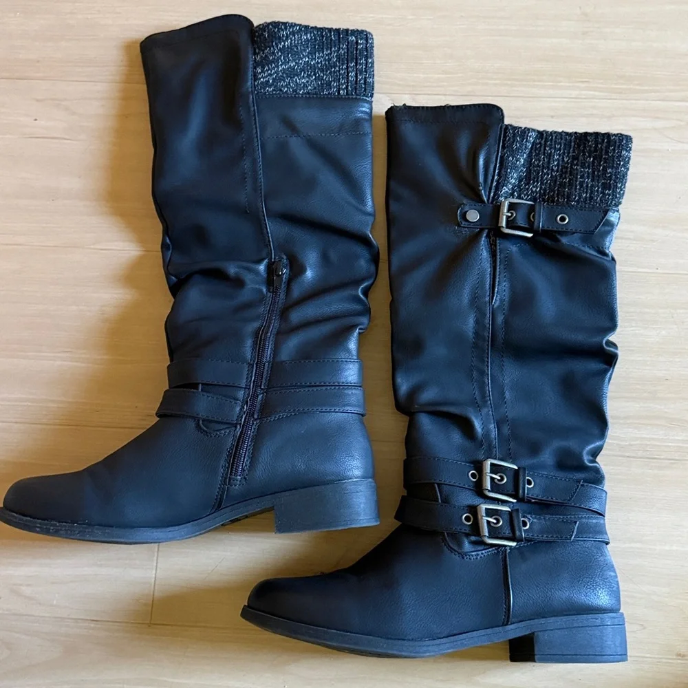 WOMENS KNEE HIGH BLACK SWEATER WESTERN RIDING BOOTS VEGAN LEATHER EUC SZ 8.5